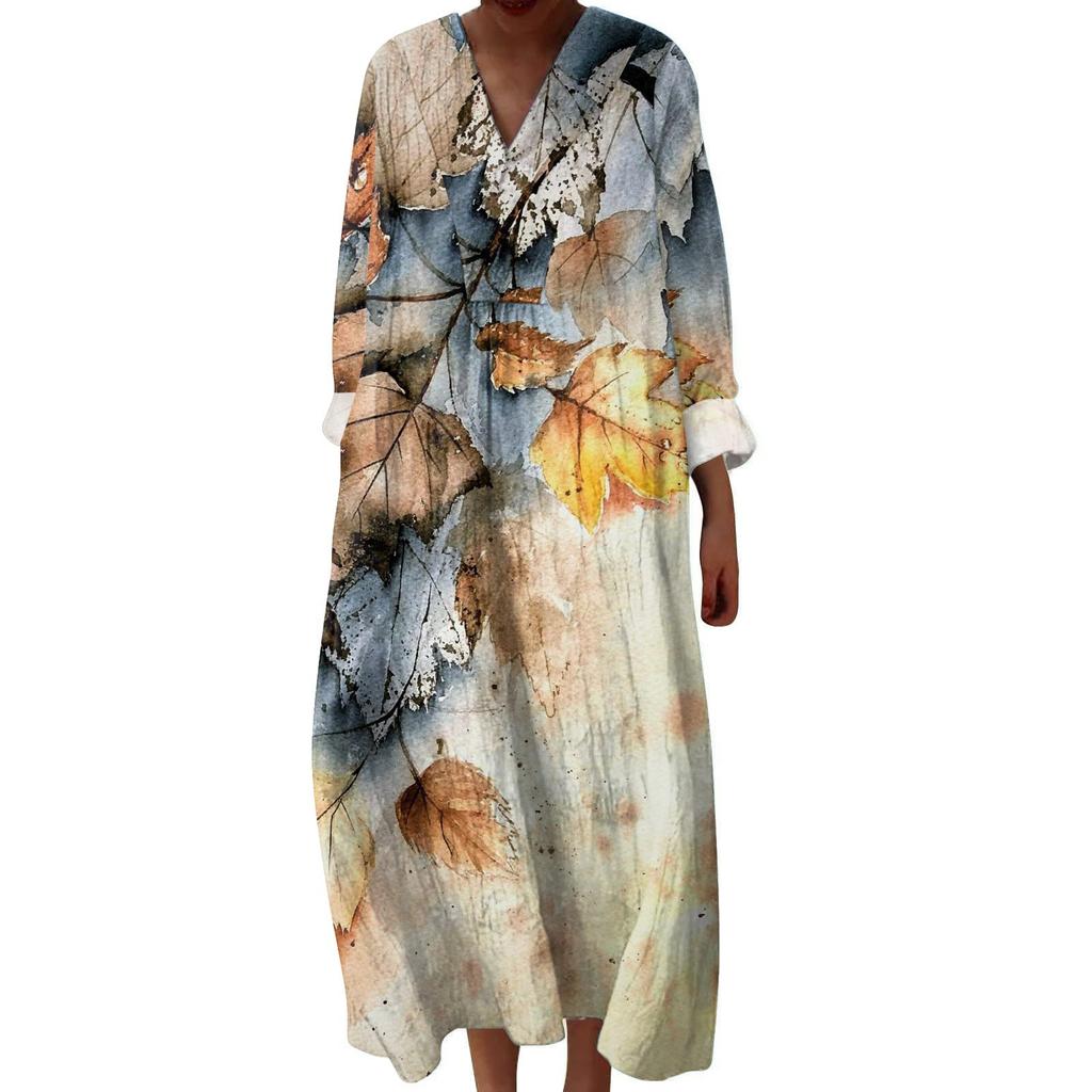 Women's Casual And Fashionable V-Veck Printed Long Sleeved Dress Long Sleeved Dress