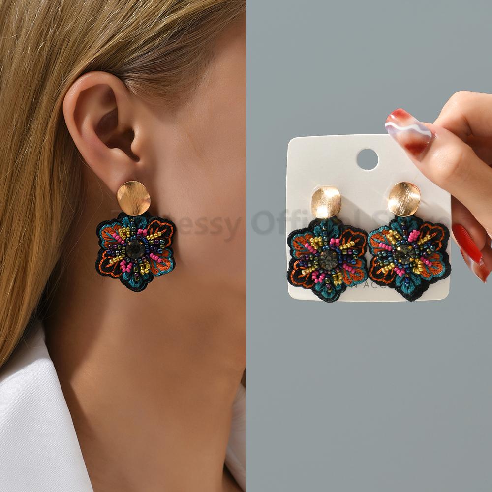 Handmade Embroidered Flower Dangle Earrings For Women Boho Luxury Elegant Colorful Rice Beads Decor Pendant Fashion Jewelry Gift