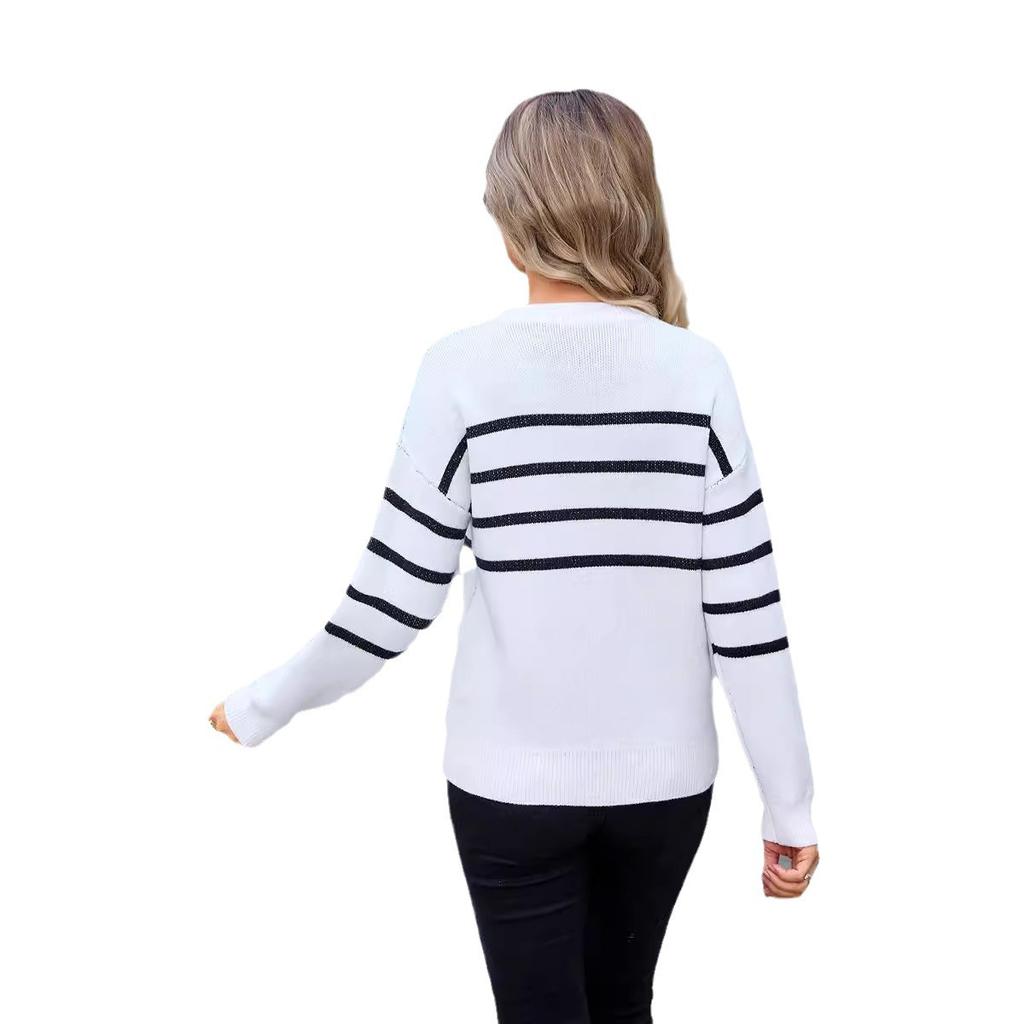 Autumn and Winter Women's Sweater Striped Bow Round Neck Flower Knit Fashion Sweater