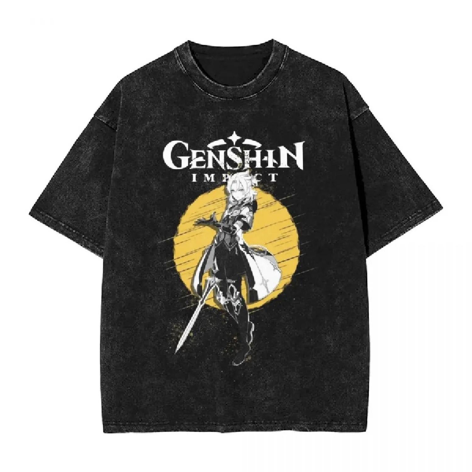 

Humor Albedo Genshin Impact woman Men Streetwear Black Washed T-Shirt Hot stamping Print Tees Harajuku Summer Short Sleeve Tees XXXXXL чорний