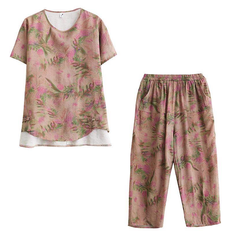 2025 Summer Cotton Linen Floral T-shirt & Harem Pants Set for Women