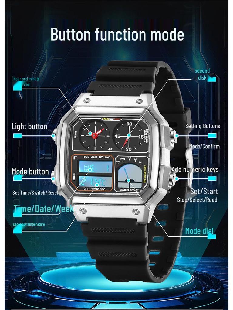 Sanda Temu Temperaturmessung Studenten Sportuhr, Wasserdicht Dual-Display, Multifunktionales Quadratisches Design