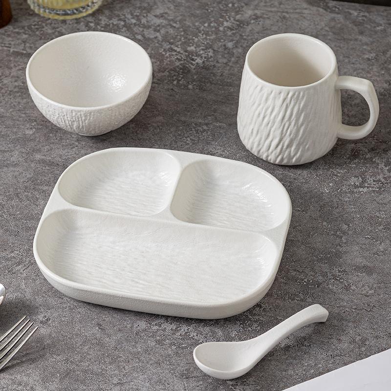 Household Ceramic Plate Sets 8.5 Inch Japanese Stone Pattern Tableware Loss Weight Three Dividing Plate with Bowl Scoop Cup
