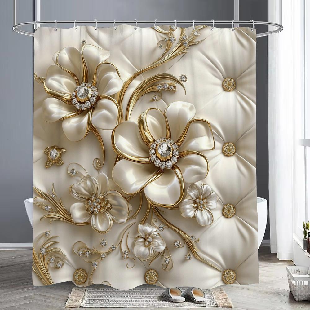 Embossed Camellia Flowers Creative Shower Curtain, Bathroom Decorative Shower Curtain, Waterproof Shower Curtain with Hooks