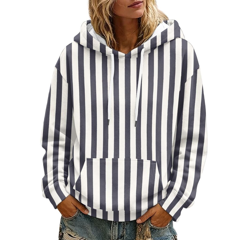 Women's Striped Print Hoodie - Casual Long Sleeve Pullover with and Front Pocket