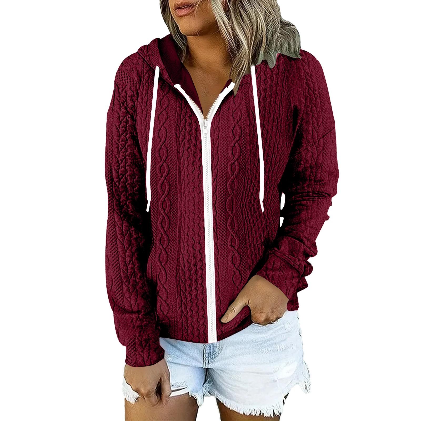 Women s Winter Fashion Casual Color Long Sleeved Zipper Cardigan Hoodie Jacket S винный