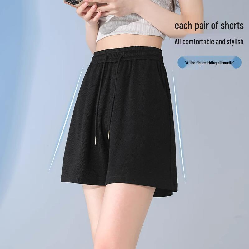 Women's High Waist Ice Silk Sports Shorts - Slimming A-Line Drawstring, Loose and Casual, Petite Fit for Summer 2025