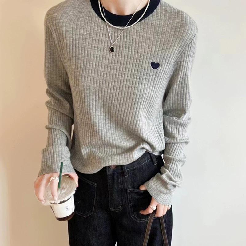 Heart Embroidery Wool Knitwear: Women's European Early Autumn Sweater Base Layer