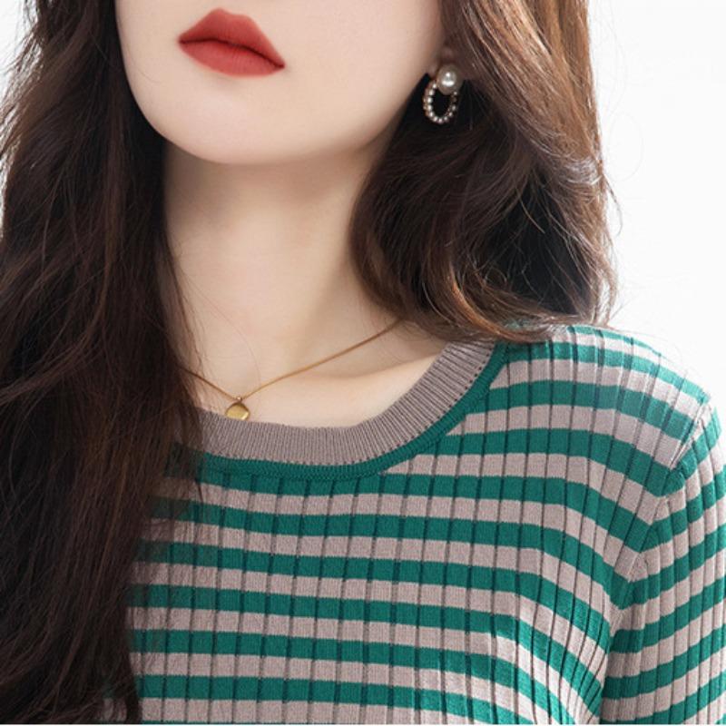 Women's Fashion Autumn Winter Stripe Print Long Sleeve O-Neck Slim Casual Dresses