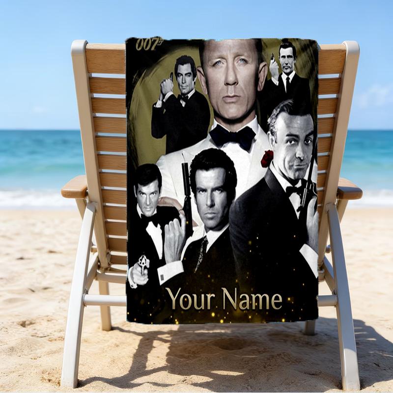 Custom Name Beach Towel James Bond Movie Collage Beach Towel, Soft Microfiber, Gift for Her/Him, Birthday, for Pool, Beach, Travel, Fan gifts