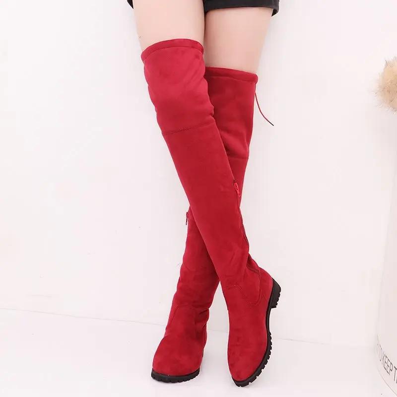 Winter Over The Knee Damestøvler 2024 Nye Kvinnelige Lår Høye Flats Boots Spiss Tå Stretch Stoffer Botas Størrelse 43 Damesko