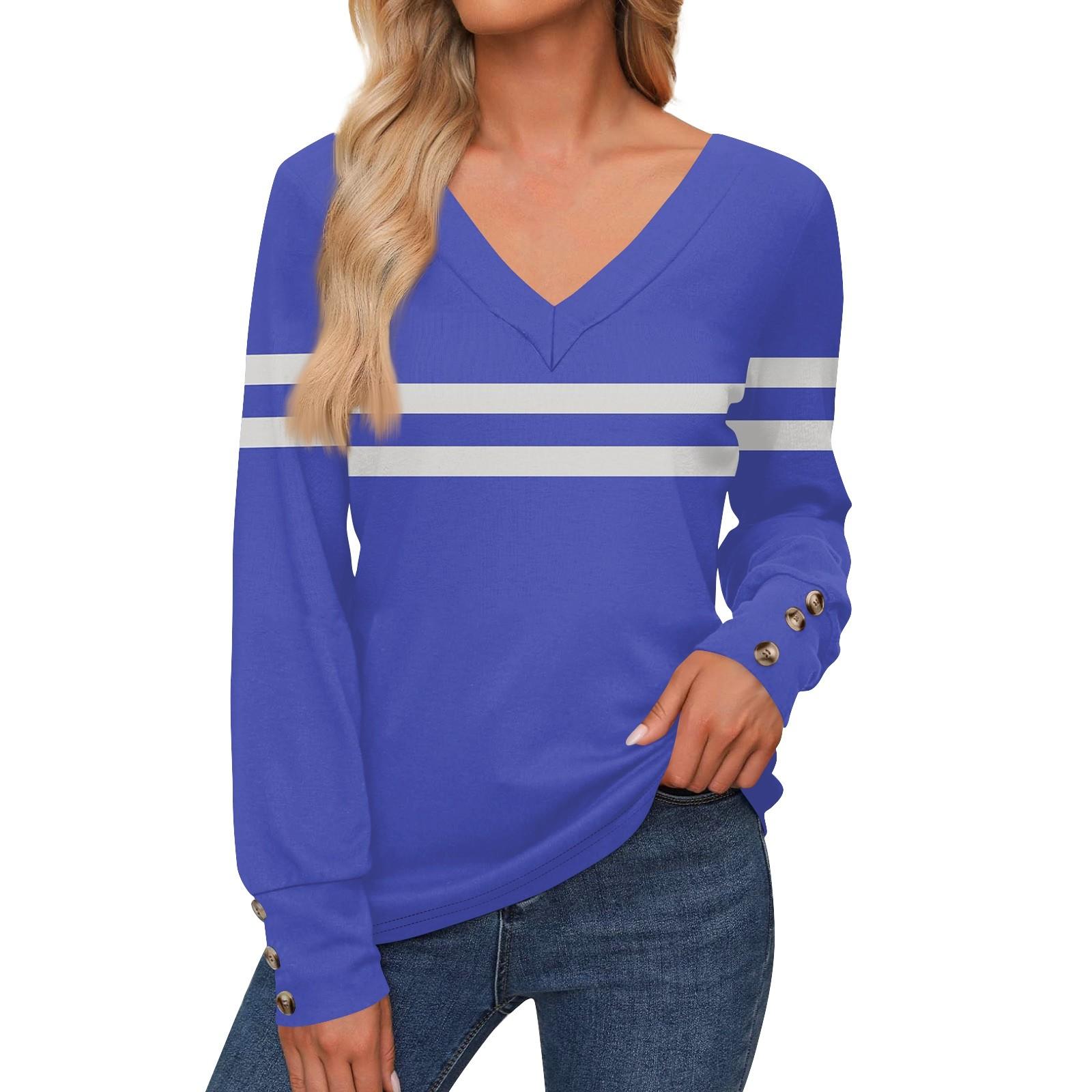 

Жіноча Повсякденна Мода Смугаста Сорочка з Довгими Рукавами на Ґудзиках з Манжетами V-подібний Виріз Повсякденна Вільна Футболка Осінній Одяг M синій