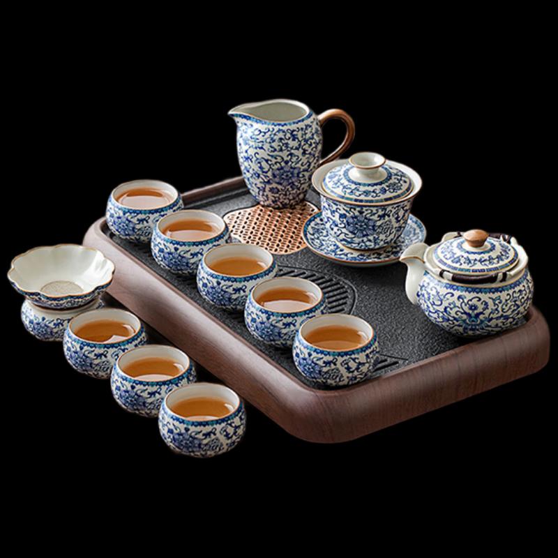 Wo Ding Blue and White Ru Kiln Tea Set with Walnut Tray