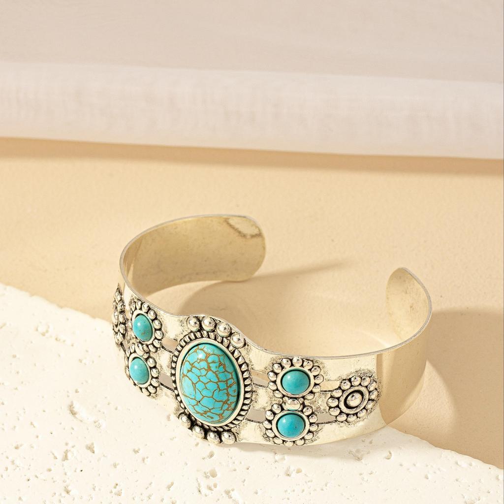 Jedinečný náramok Cuff Bangle Zliatina Šperky S vkladaným umelým tyrkysom Vintage Bohémsky Štýl Osobnosť Ženské Ručné Šperky