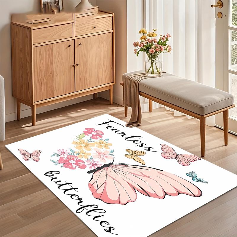 Soft Butterfly Pattern Area Rug Non Slip Kids Playmat White Background Floor Carpet Baby Nursery Room Home Decor