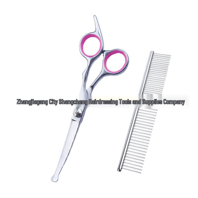 All-Steel Pet Grooming Scissors Set: Flat-Tooth & Curved Trimmers for Dog Hair Care.