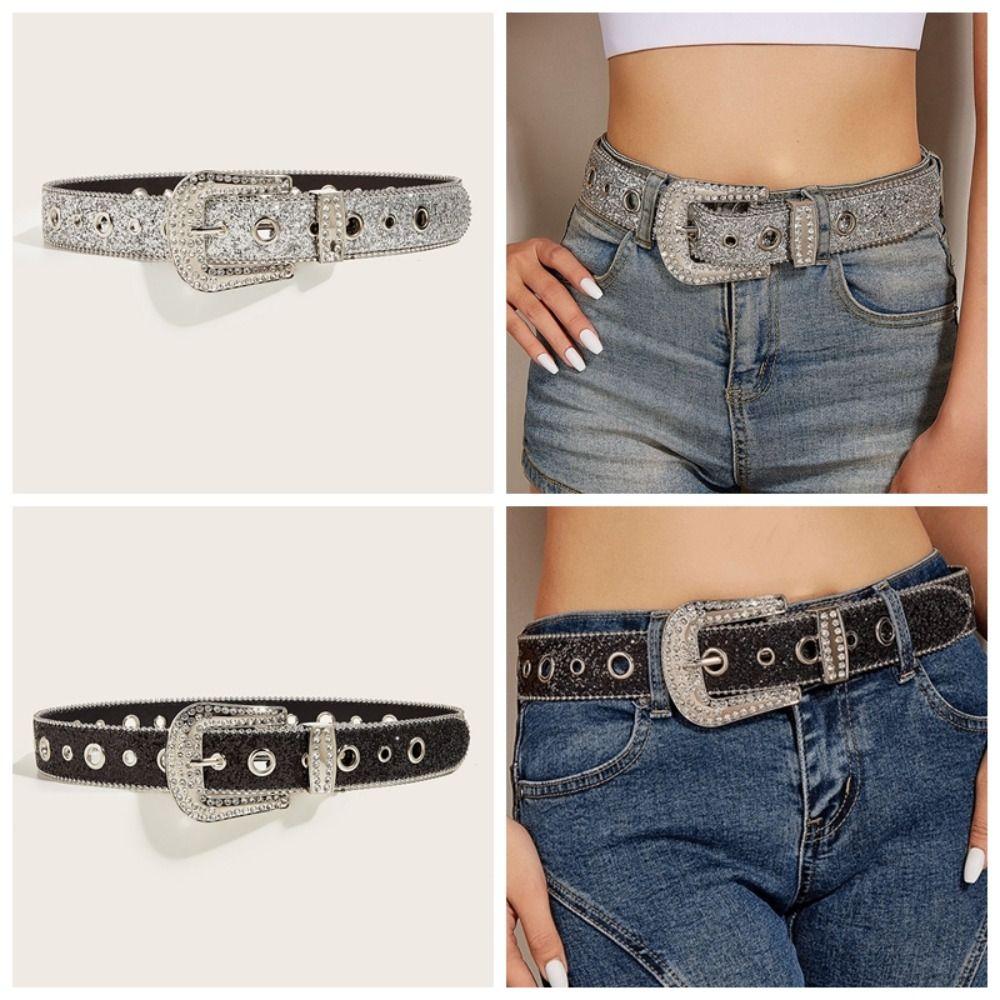 Beads Bordered Shiny Wide Belt Solid Color Women PU Belt Vintage Rhinestone Waistband  Ornament