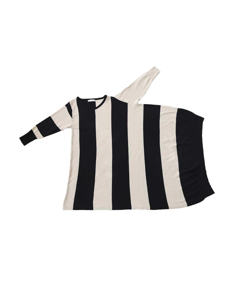 Antiqua Bias Striped Knit Black X Oatmeal Women's Dress, Asymmetrical, PN-00011, 05,