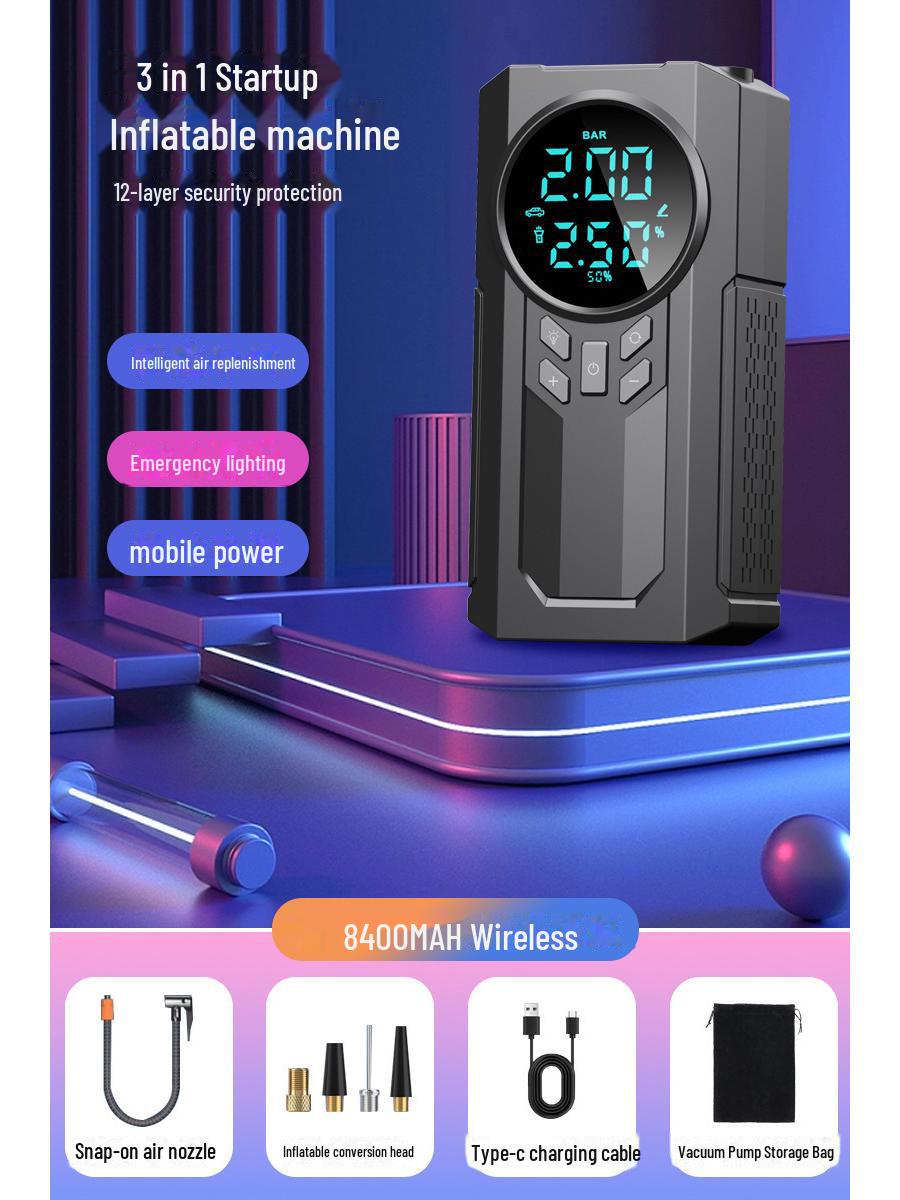 

Мощное автомобильное пусковое устройство с портативным аварийным источником питания и нагнетателем