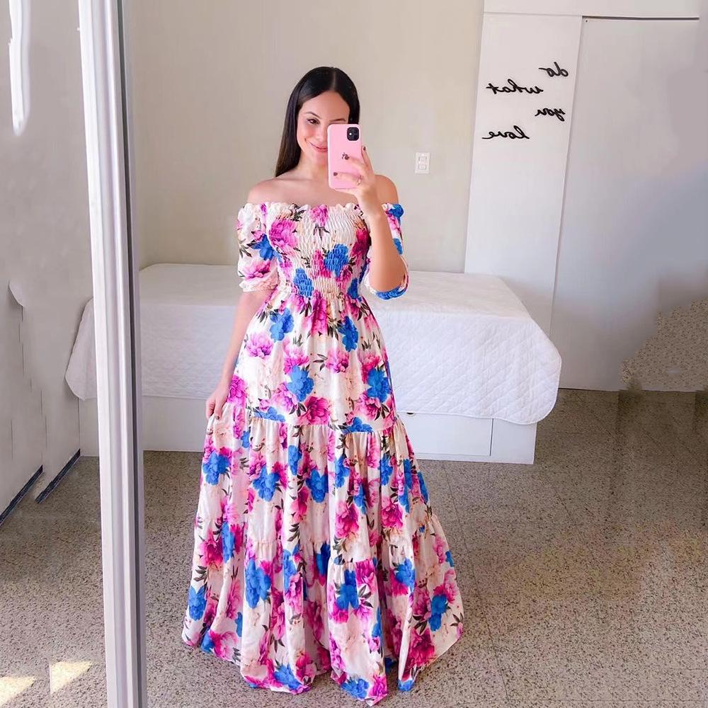 2025 European & American Women's Floral One-Shoulder Long Dress - Spring/Summer Fashion