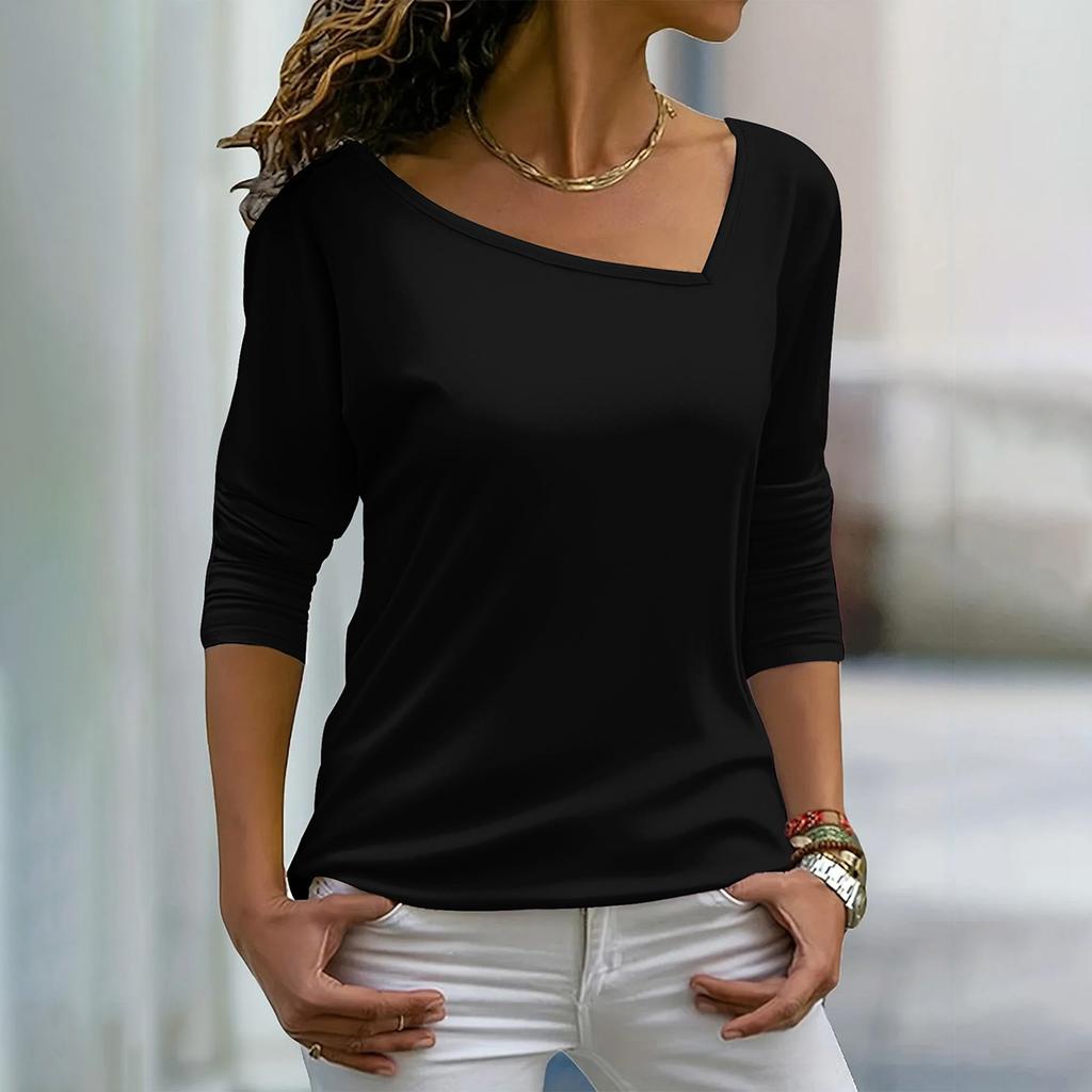 Elegantes lässiges Damenoberteil mit schrägem V-Ausschnitt und langen Ärmeln in Unifarbe