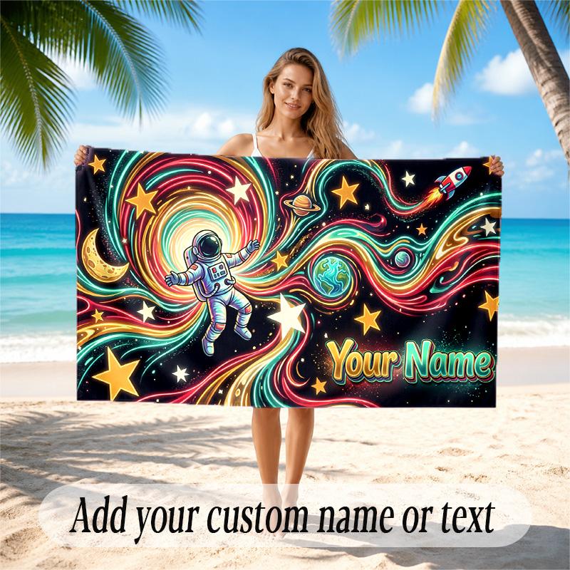 Astronaut Space Theme Quick Dry Beach Towel Custom Name Text Print Large Sand Resistant Towel Beach Vacation