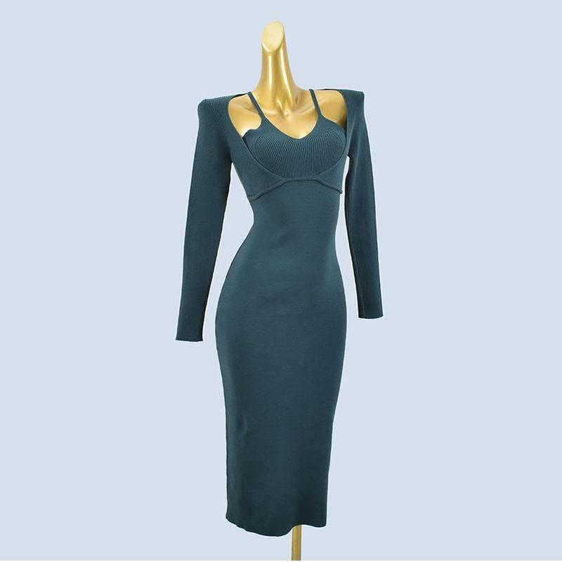 Elegant Socialite Fake Two-Piece Sexy Strapless Suspenders Long Sleeves Silm Soft Glutinous Knitting Sweater Hip Length Dress Women