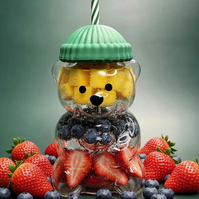 Cute Cartoon Bear Glass Cup Straw For Coffee Juice Tea Creative Drinkware Christmas Decoration with Kid Friendly Entertaining Fun Play Safe
