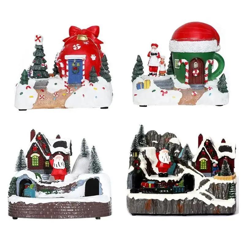666  Christmas House Village Rotating Scene Ornament LED Lighting Santa Claus Snow Figurine Electric Music Box Xmas Decor