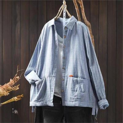 Camisas Femininas de Primavera Listradas Gola Virada para Baixo Manga Comprida Tops Bolsos com Botão Blusas Camisas Casuais Femininas