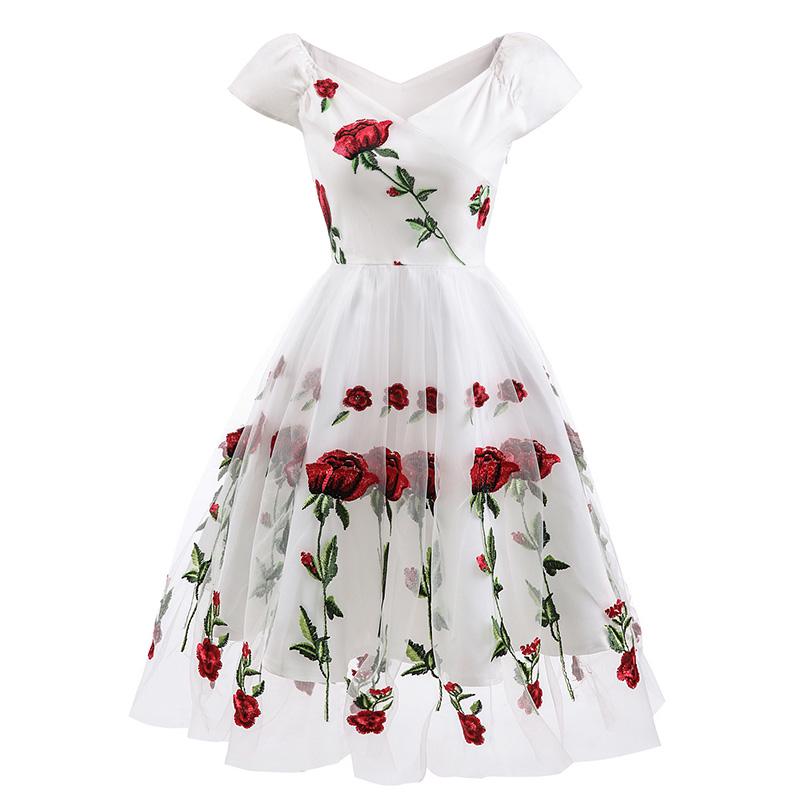 

Женское платье-сетка с цветочной вышивкой, с открытыми плечами, с короткими рукавами, винтажное платье-трапеция, коктейльное платье для чая M белый