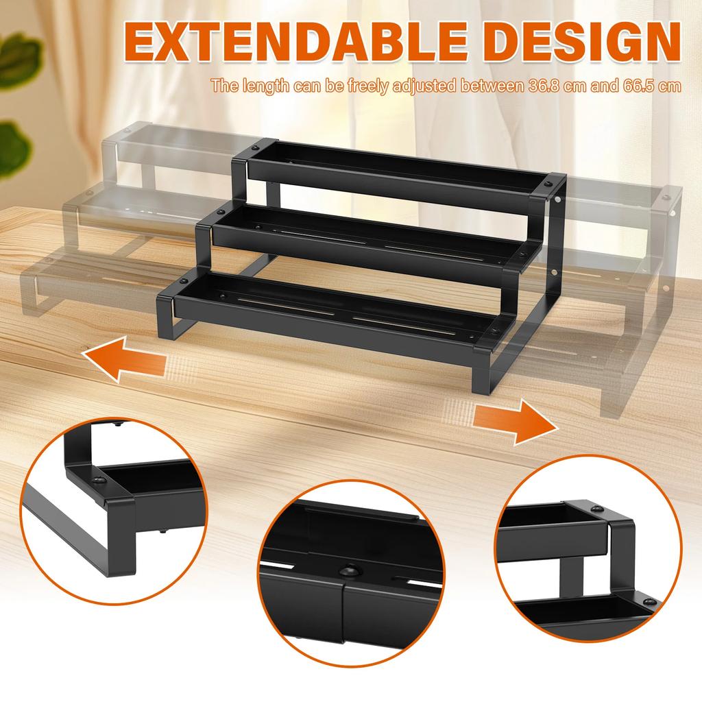 3 Tier Expandable Kitchen Storage Rack Carbon Steel Spice Bottle Rack With Fence Telescopic Seasoning Jar Organizer for Home