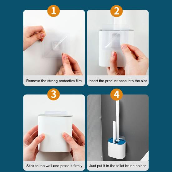 Silicone Toilet Brush Set with L-Shaped Head Long Non-Slip Handles Wall Mounted Holder Compact Bowl Cleaner Brush