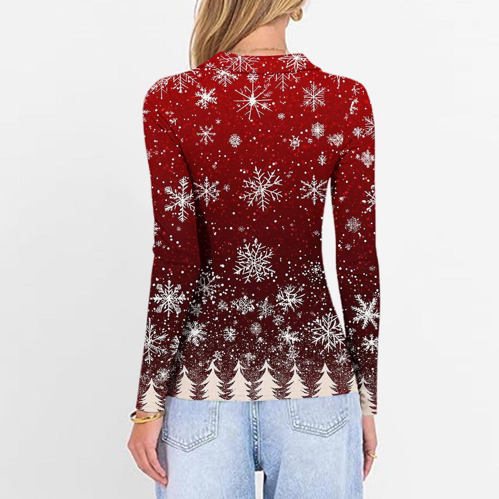 Women's Fashion Casual Christmas Print V-Neck Long Sleeve Button-Down Top
