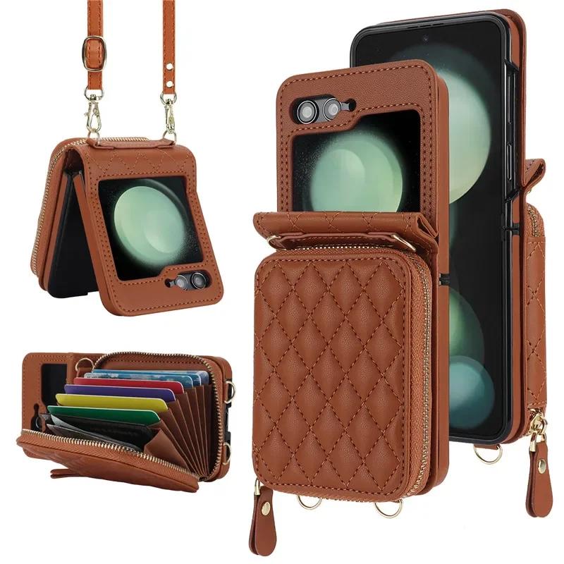 Crossbody Lanyard Leather Zipper Wallet Card Phone Case for Samsung Galaxy Z Flip 7 6 5 4 3 Flip6 Flip5 Flip4 Wrist Rope Cover