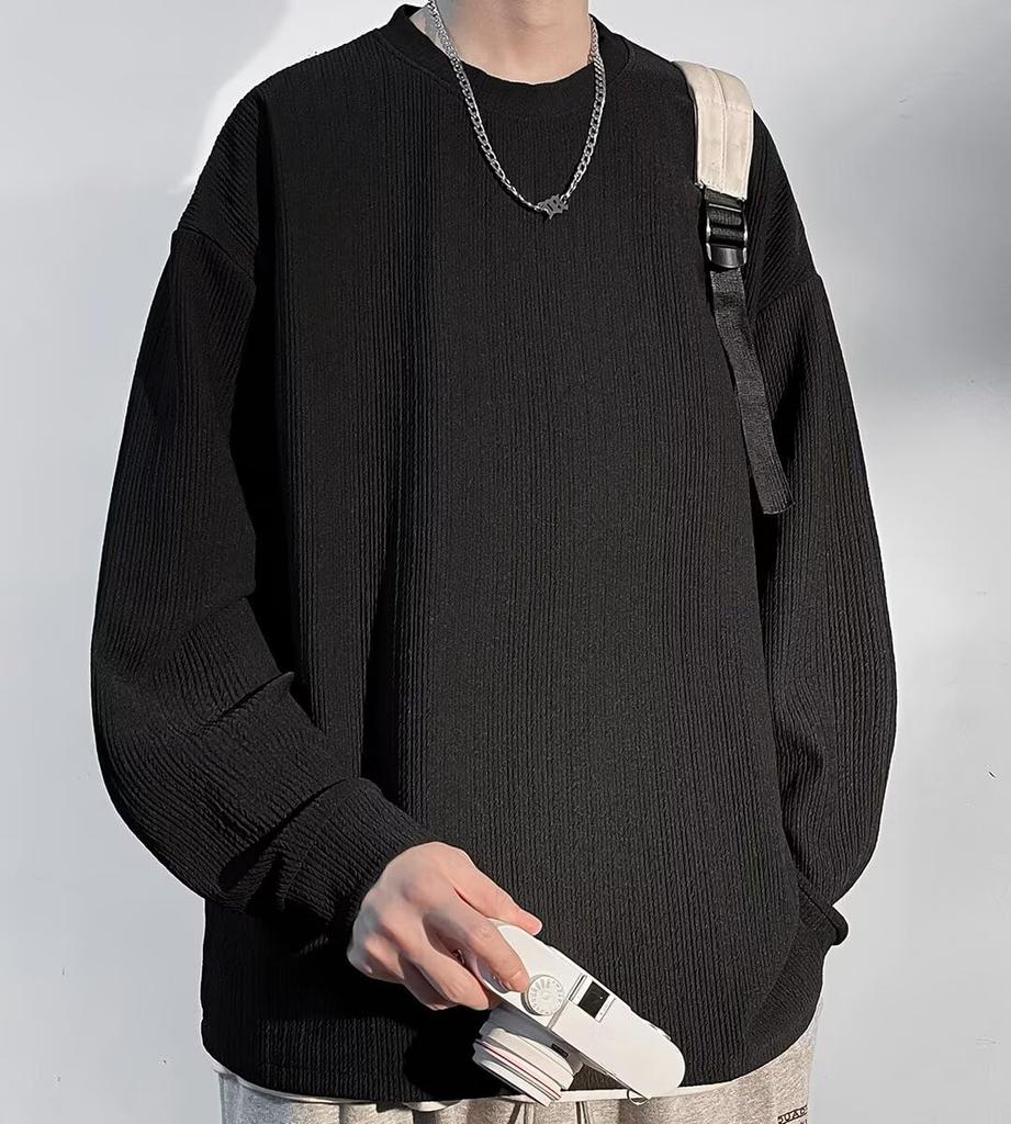 Bligo Long Sleeve Crew Neck Pullover Plus Solid Loose Korean Lightweight Men's T-Shirt, Sizes, Fall/Winter Wear, Color, Fit, Soft, Comfortable,