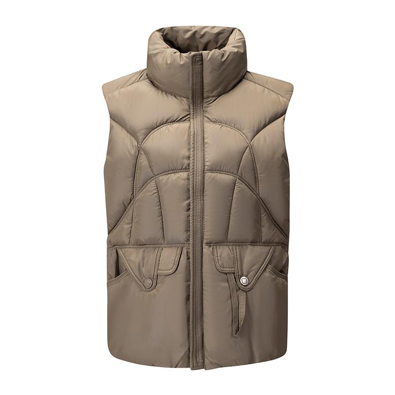 Women s Khaki Stand Collar Quilted Zip Up Button Pocket Padded Vest Gilet 2XL