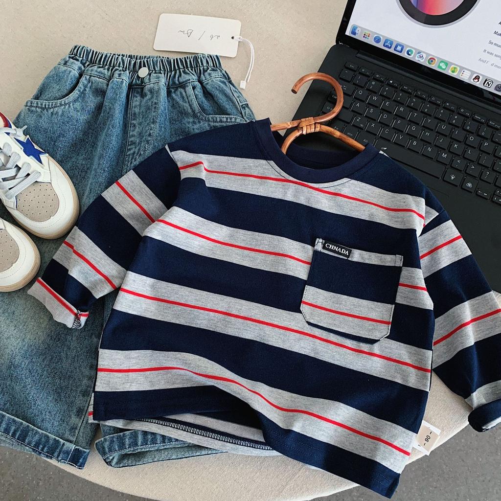 Boys' T-Shirt Autumn New Children'S Contrasting Striped Pockets Round Neck Pullover Top Children'S Clothing Trend