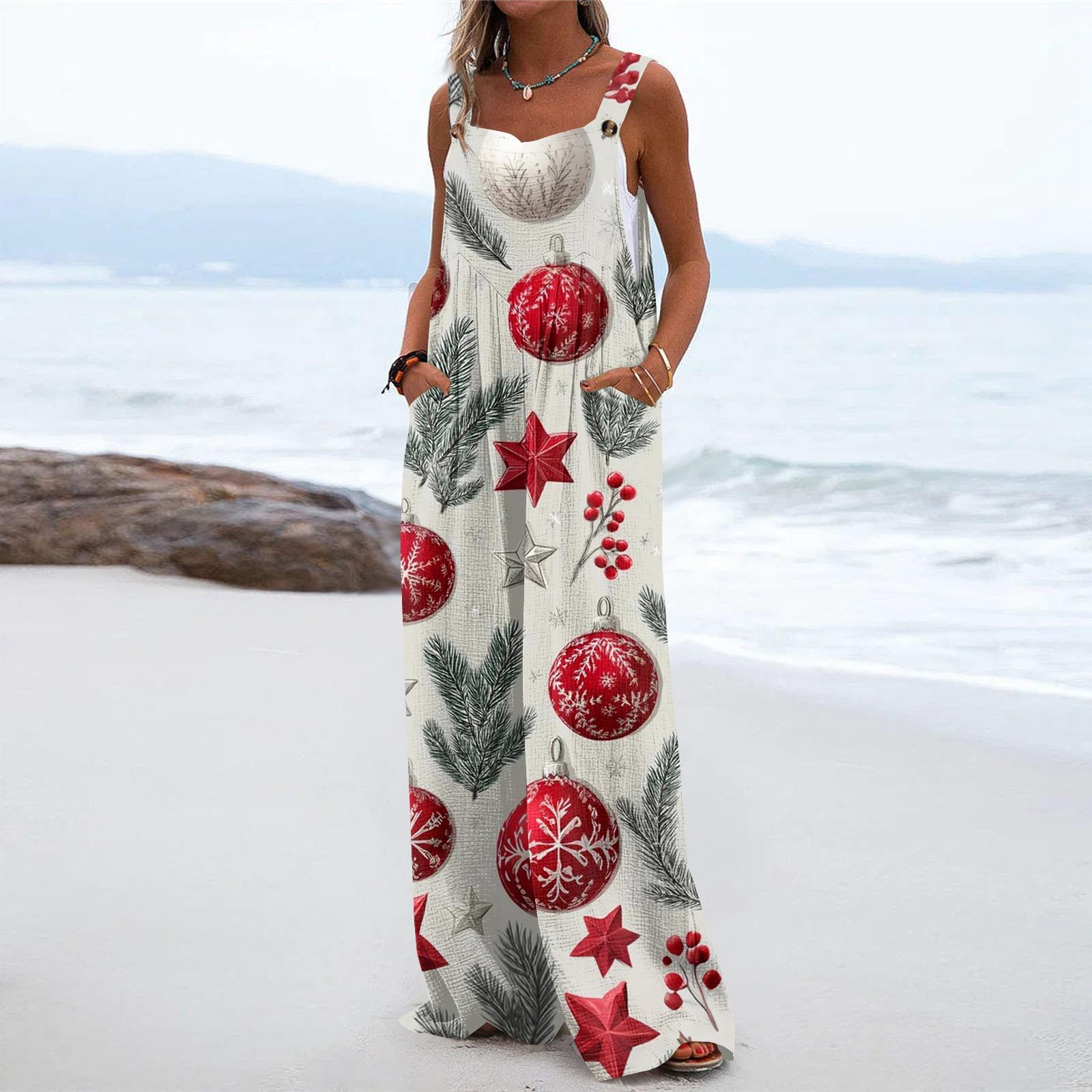 

Женский рождественский принт однотонный широкий крой без бретелек майка карман повседневный комбинезон M бежевый