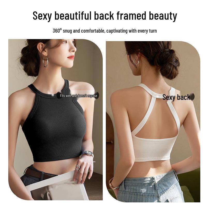 Halter Neck Sleeveless Crop Top with Chest Pads - Women's Beautiful Back Lingerie Bra & Summer Outerwear Belly-Baring White Top