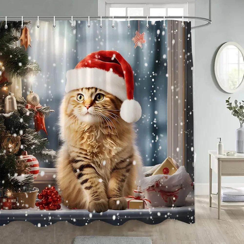Cute Christmas Cats Shower Curtain Winter Xmas Tree Balls Gift Funny Animal Dog New Year Bathroom Curtains Fabric Home Decor Set