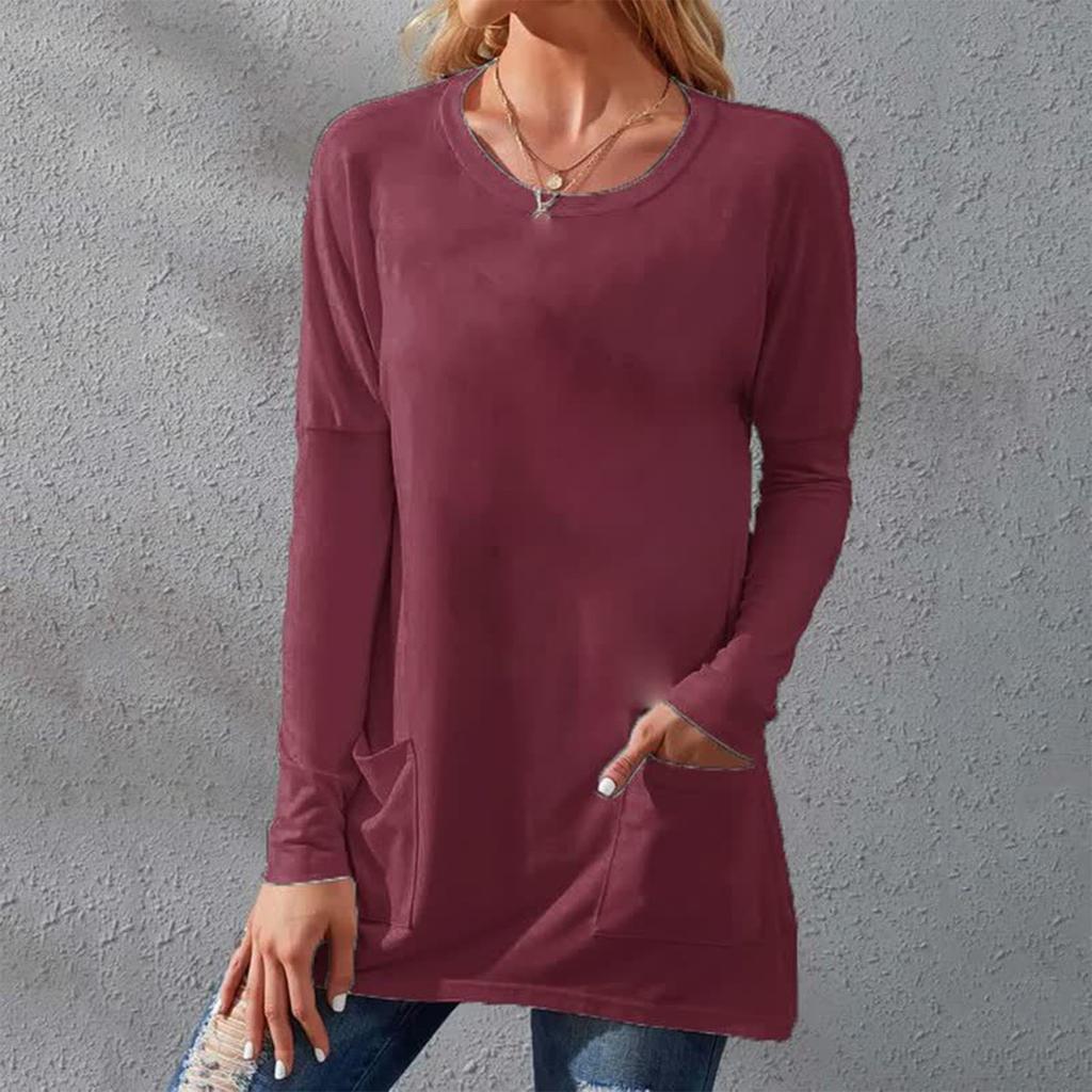 Ladies Casual Fashion Color Loose Round Neck Long Sleeve T-Shirt With Pockets