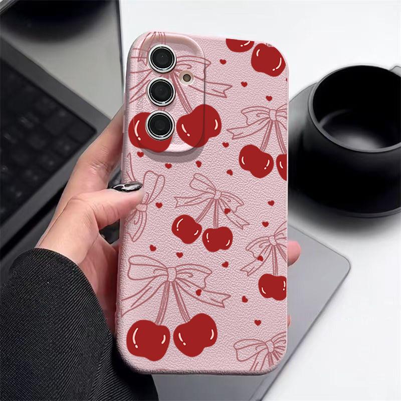 Carcasă subțire mată cu model Cherry Bowknot pentru Samsung S25 S24 FE S23 Ultra S22 A36 A56 A16 A55 A26 A35, textură din piele TPU, moale, rezistentă la șocuri, husă de telefon