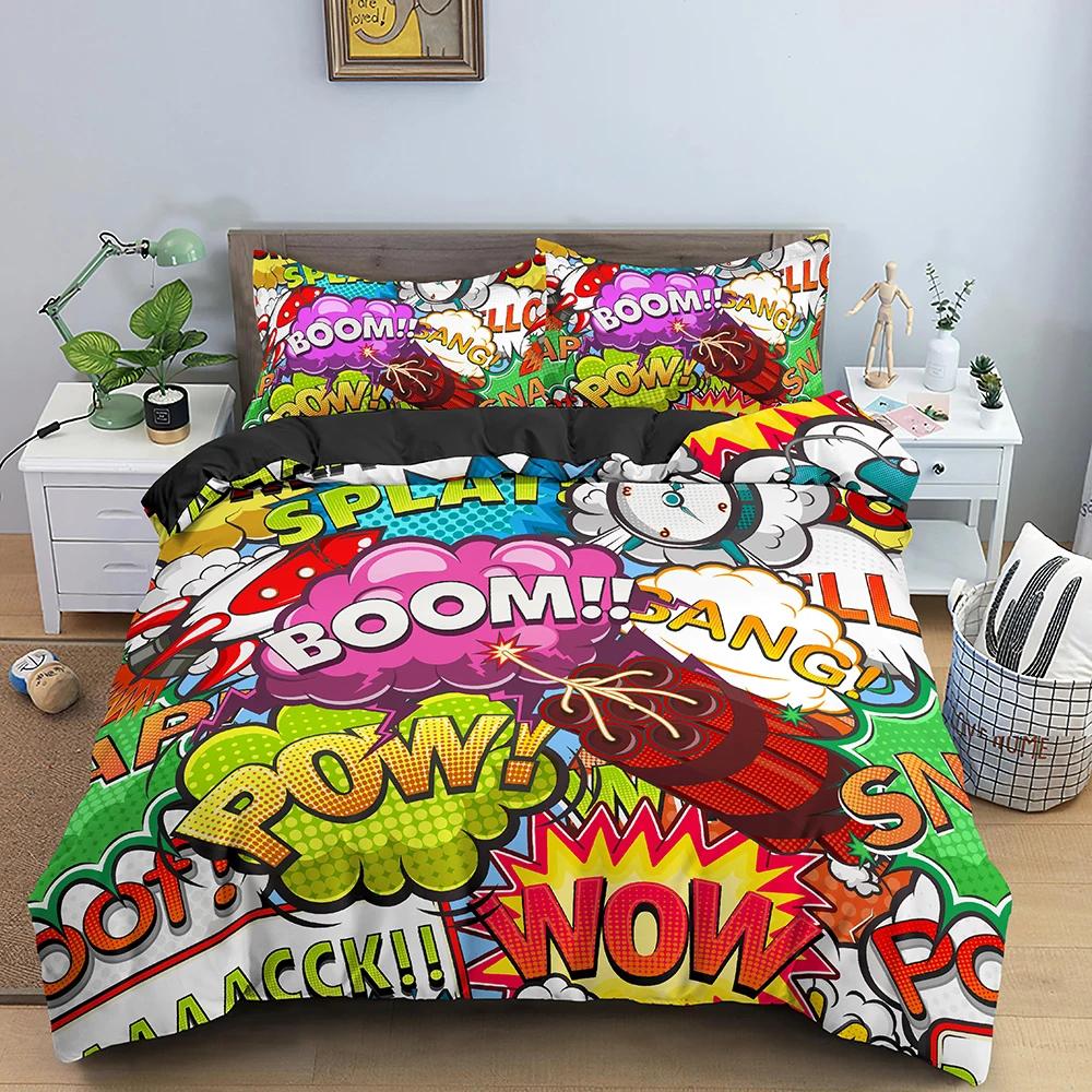 Comic Muster Bettbezug Queen King Cartoon Bettwäsche Set für Kinder Jungen Mädchen Hippie Hip Hop Rock Stil Polyester Bettdeckenbezug