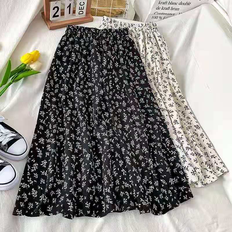 Women's Spring and Summer High-Waisted Vintage Floral A-Line Half Skirt Mid-Length Versatile Slimming Umbrella Skirt Long Skirt