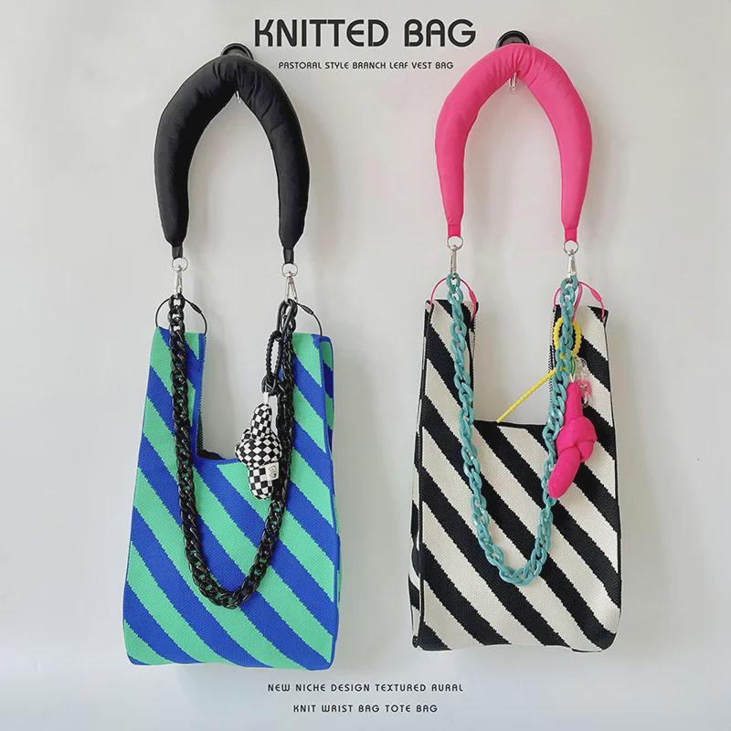 Stylish Contrast Color Twill Knit Shoulder Bag – Versatile, Spacious, Trendy for Students