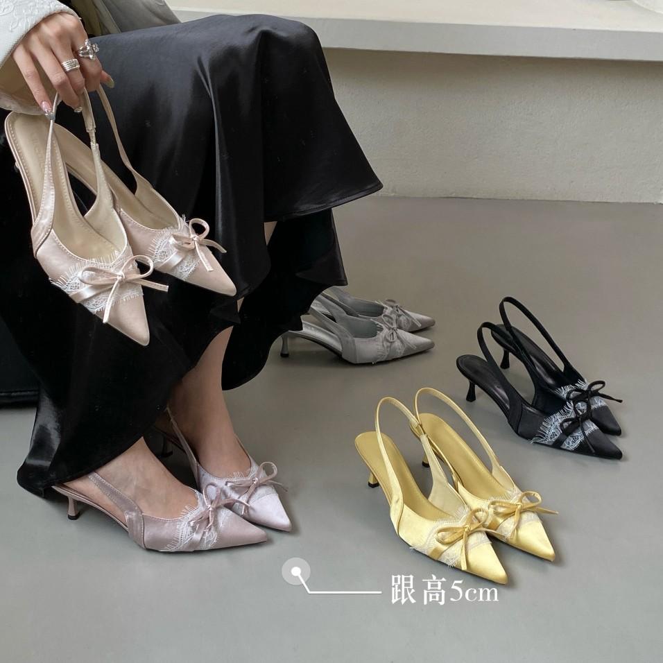 Back strap bag head high-heeled sandals women's 2025 new spring and summer French pointed head bow temperament stiletto shoes