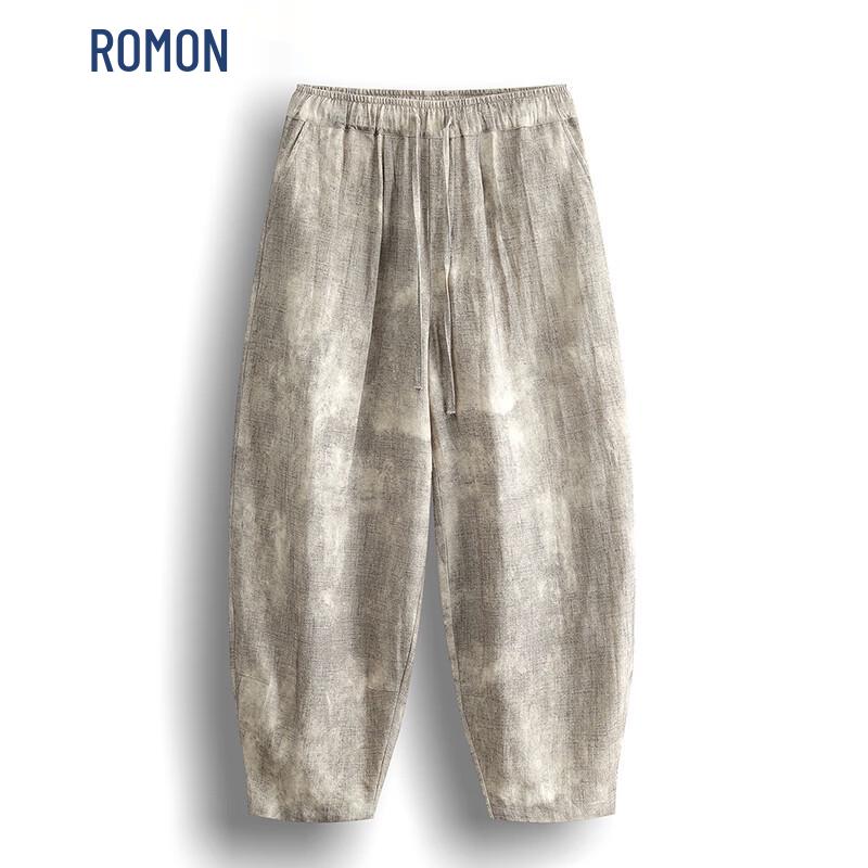 

ROMON Men s New Chinese Style Linen Wide-Leg Cropped Harem Pants XL
