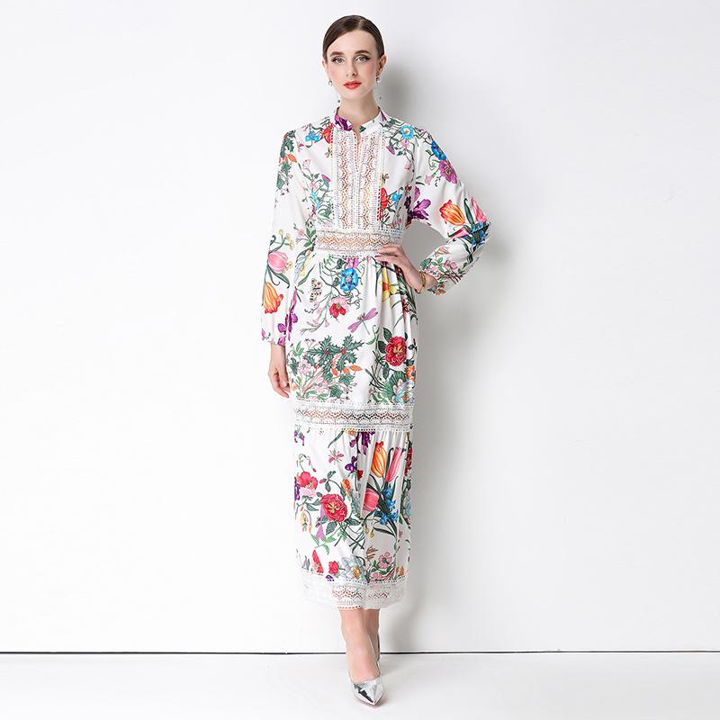 2026 New Floral Print Lace Patchwork Maxi Dress Women Elegant V Neck Long Sleeve White Casual Party Long Dresses Bohemian Robe