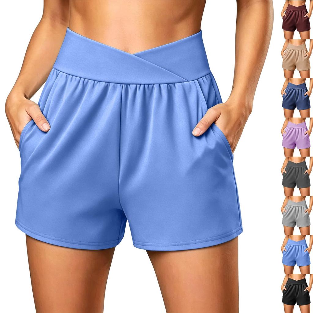 Women's Summer Casual Sport Yoga Shorts with High Waist Cross Waistband and Side Pockets Lightweight Breathable Fabric